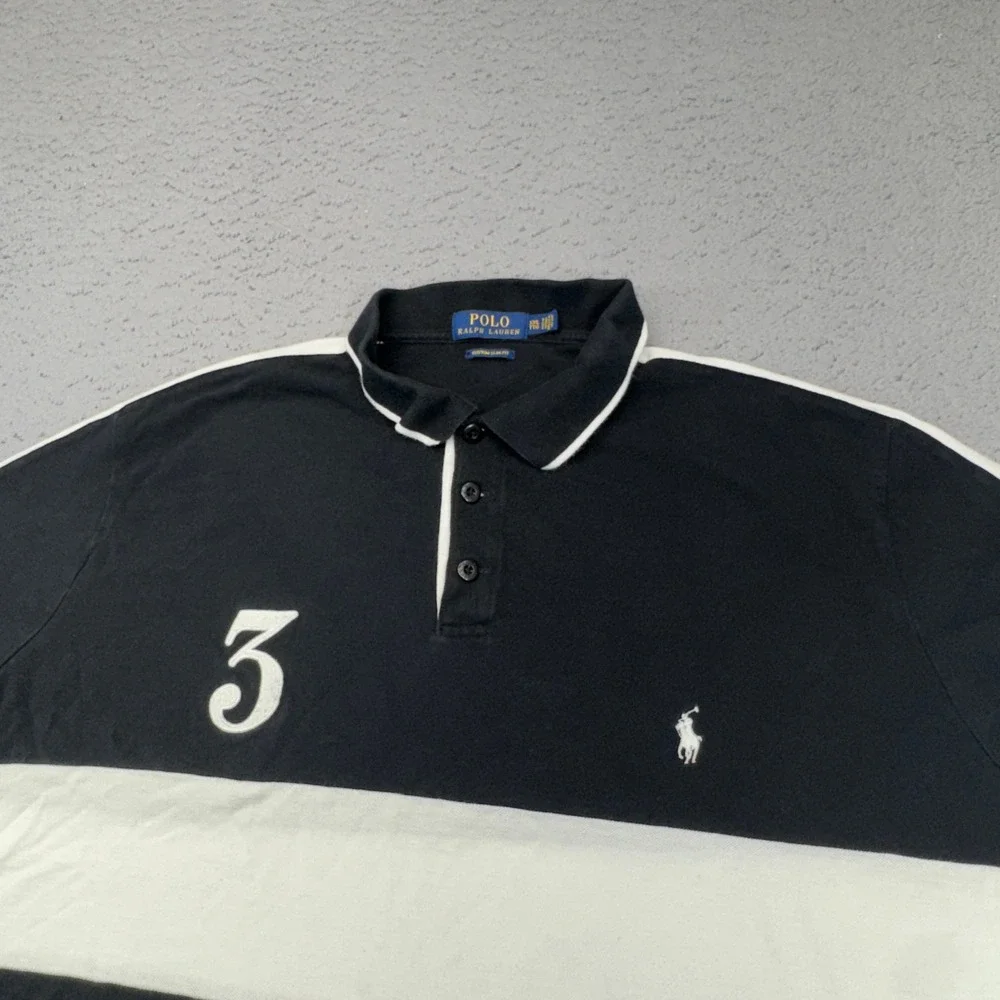 Polo Ralph Lauren Shirt Mens 2XL XXL Black Rugby Stripe Custom Slim Fit Pony